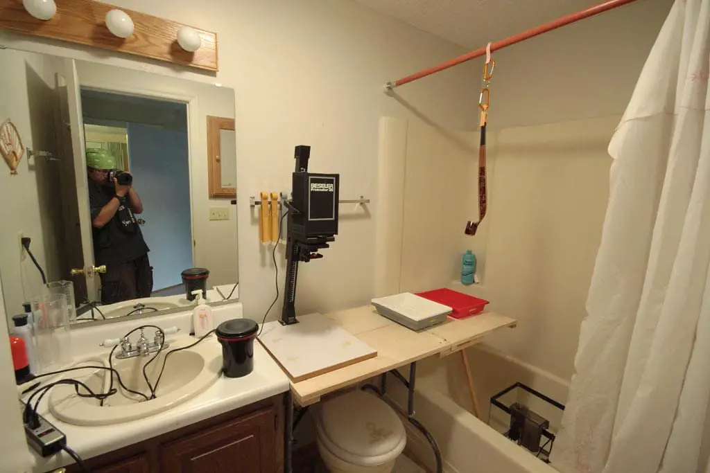A DIY darkroom set up in bathroom