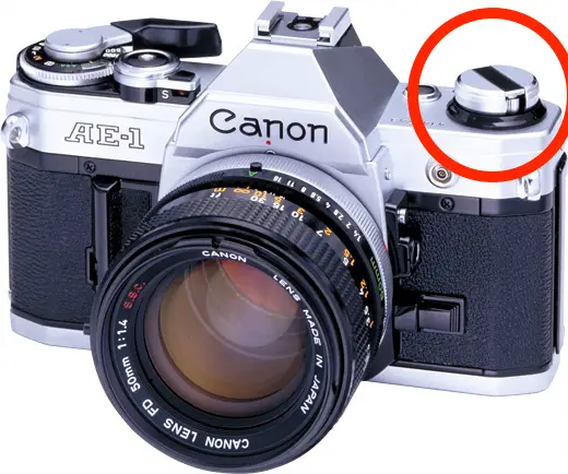 The film rewind knob / lever on a Canon AE-1 35mm Film Camera