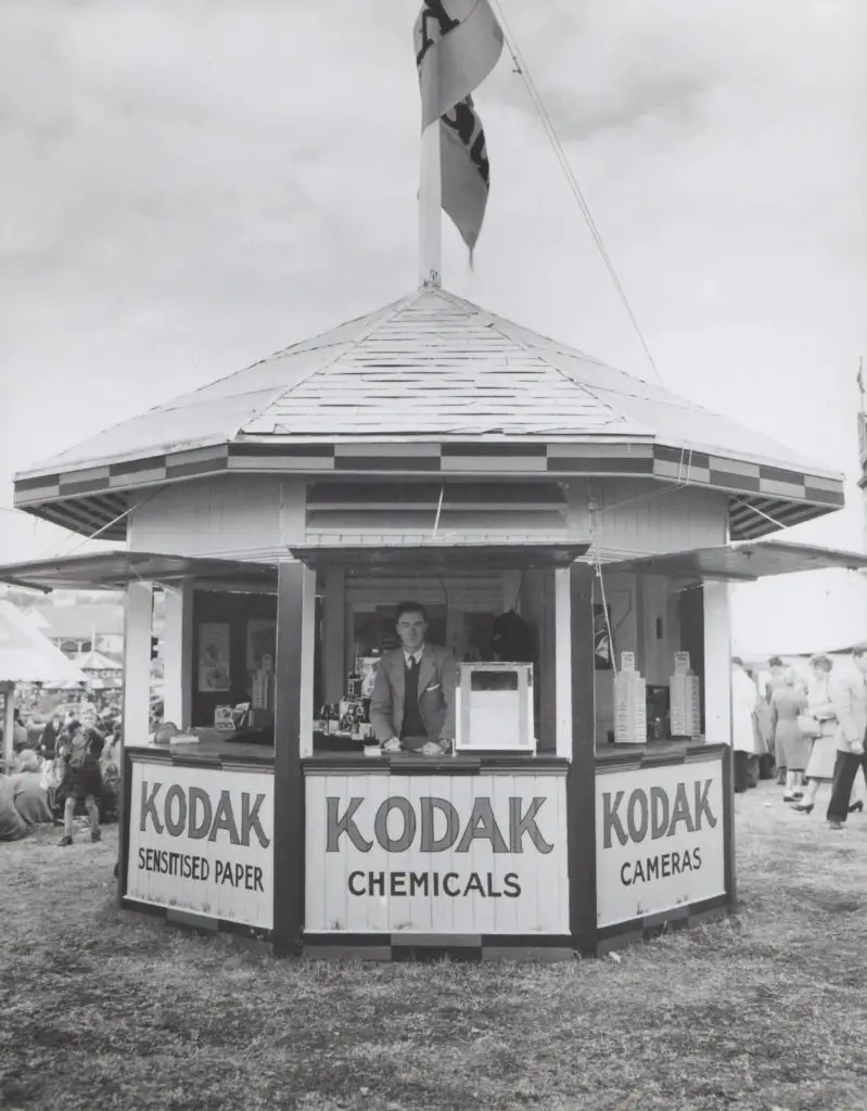 Kodak Kiosk in Australia in the 1950s where you could purchase cameras, film, or get your film developed. 