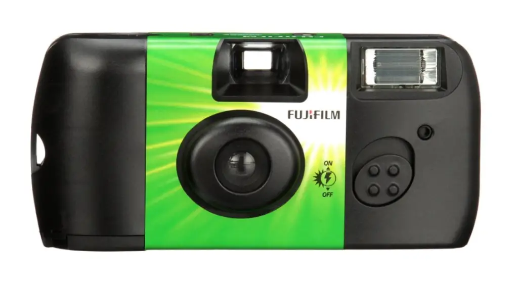 A Fujifilm Disposable 35mm film camera with a flash. 