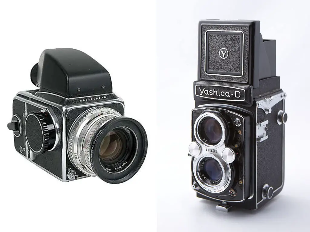 The Hasselblad 500C medium format film camera and a Yashica-D Twin Lens Reflex  (TLR) medium format camera. 