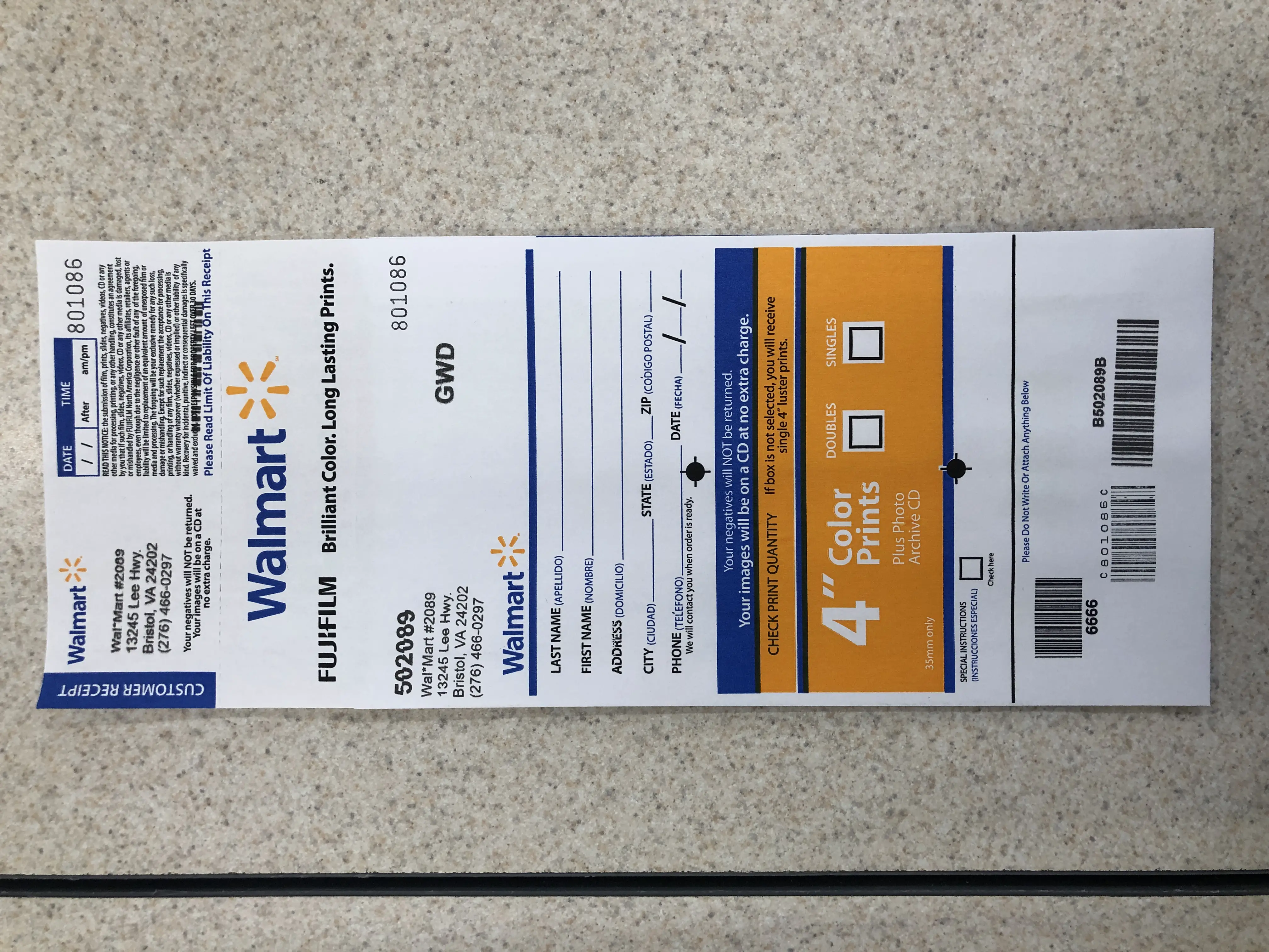 Front of the Film development form from Wal-Mart