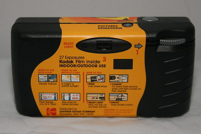 This Kodak Single-Use camera says to be at least 4 ft away from the camera for a picture to be in focus