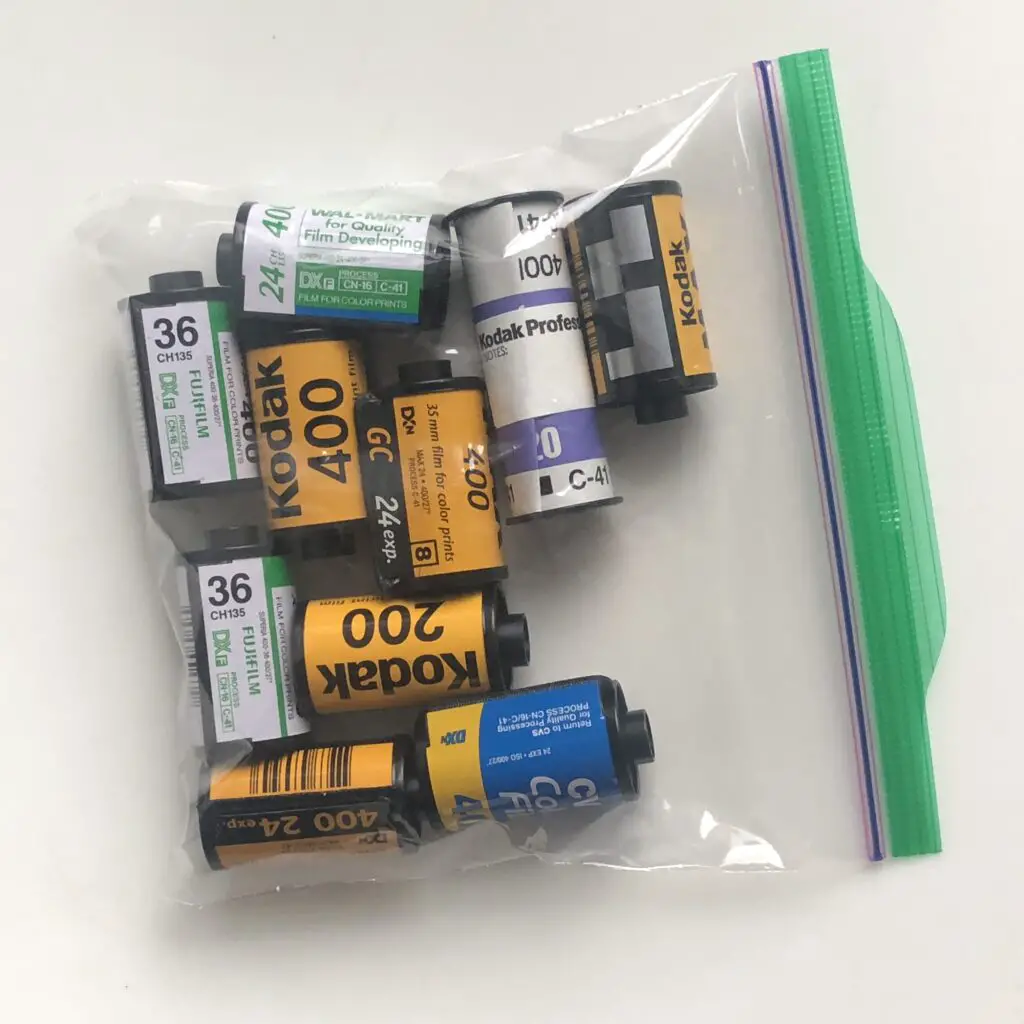 rolls of 35mm film in a ziplock bag