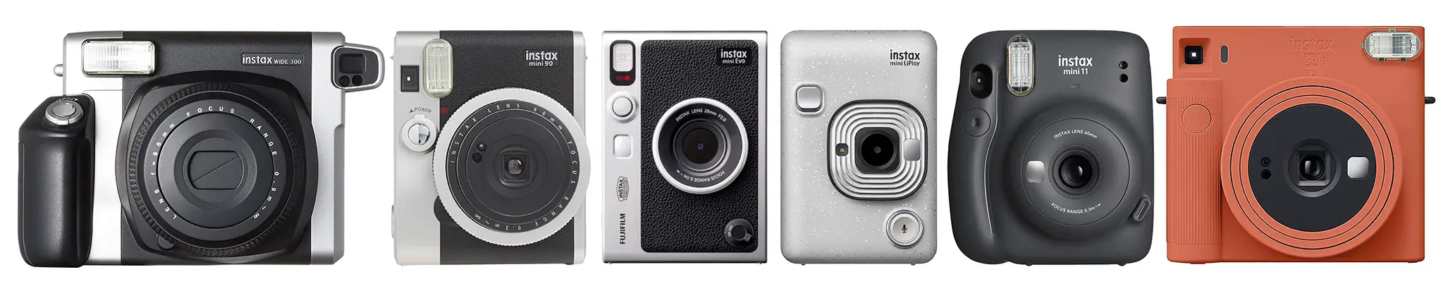 Instax Cameras Lineup in order from left to right: Instax Wide, Instax Mini 90, Mini Evo, Mini LiPlay, Mini 11, SQ1